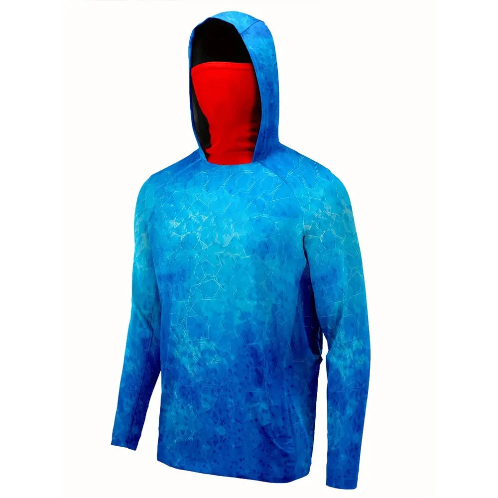Men's Fish Scale Camouflage Hooded Fishing Shirt, UV Resistant Quick Drying Long Sleeved Top, Saltwater Rowing Outdoor Sports