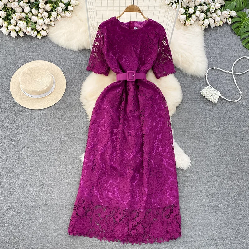 

Summer Women Vintage Purple/Yellow/Blue Lace Long Dress Elegant O-Neck Short Sleeve High Waist Slim Sheath Maxi Vestido 2024 New