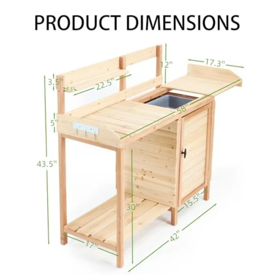 Outdoor Potting Bench with Sink Potting Table with Sliding Tabletop and Storage Cabinet Sturdy Fir Wood Garden Work Bench for P