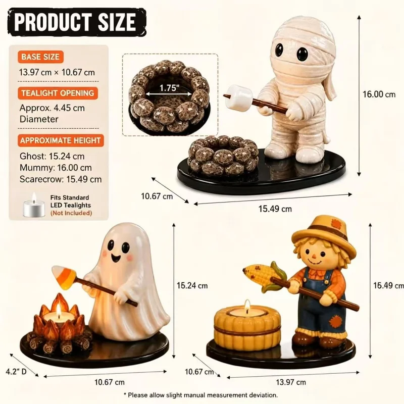  Halloween Campfire Tealight Holder Spooky Cute Ghost Mummy Scarecrow Figurine Autumn Harvest Tabletop Candle Ornament