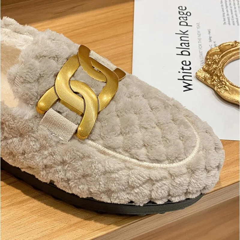 2026 Brand Big Size Metal Chain Lambswool Mocasines Femme Fleeces Sneakers Winter Shoes Ladies Warm Wool Loafers Fur Flats Women