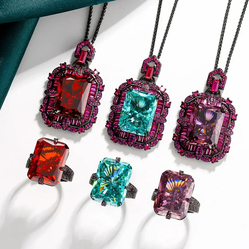 

Vintage Adjustable Ring Pendant Necklace Rectangular Red Paraiba Gemstones Statement Jewelry with Pink Accents for Women Gift