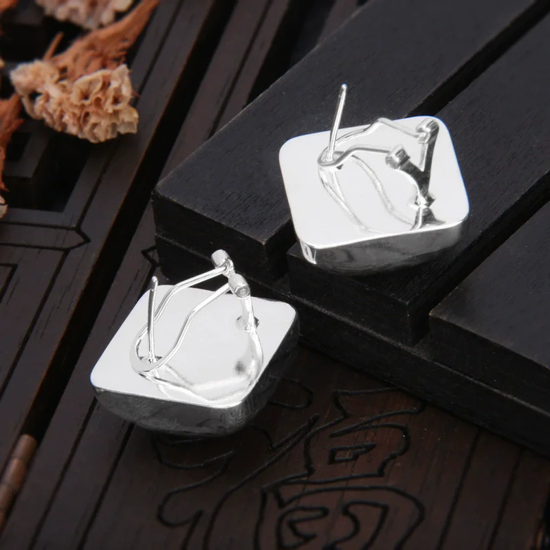 S925 pure silver ear nail exaggerated and grand diamond square light luxury socialite temperament retro fashion