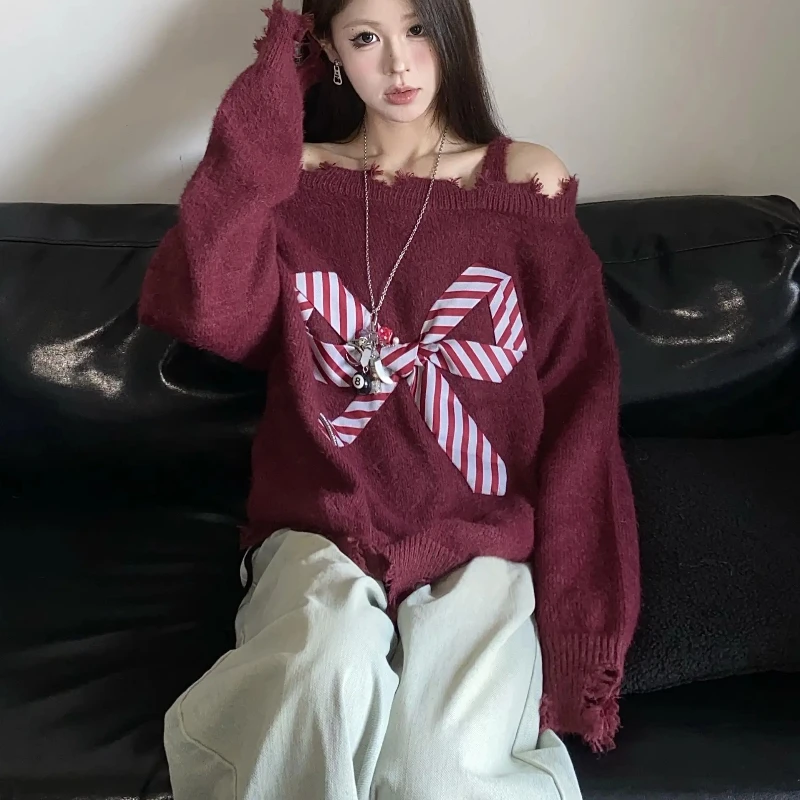 Vintage Sweet Spicy Style Bow Slash Neck Sweater Women  Autumn Winter Y2k Loose Apricot Knitted Off Shoulder Pullovers Jumper