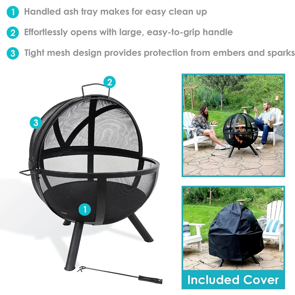 Flaming Ball 30-Inch Wood-Burning Steel Fire Pit with Protective 200D PVC Cover and 16-Inch L Poker - Black