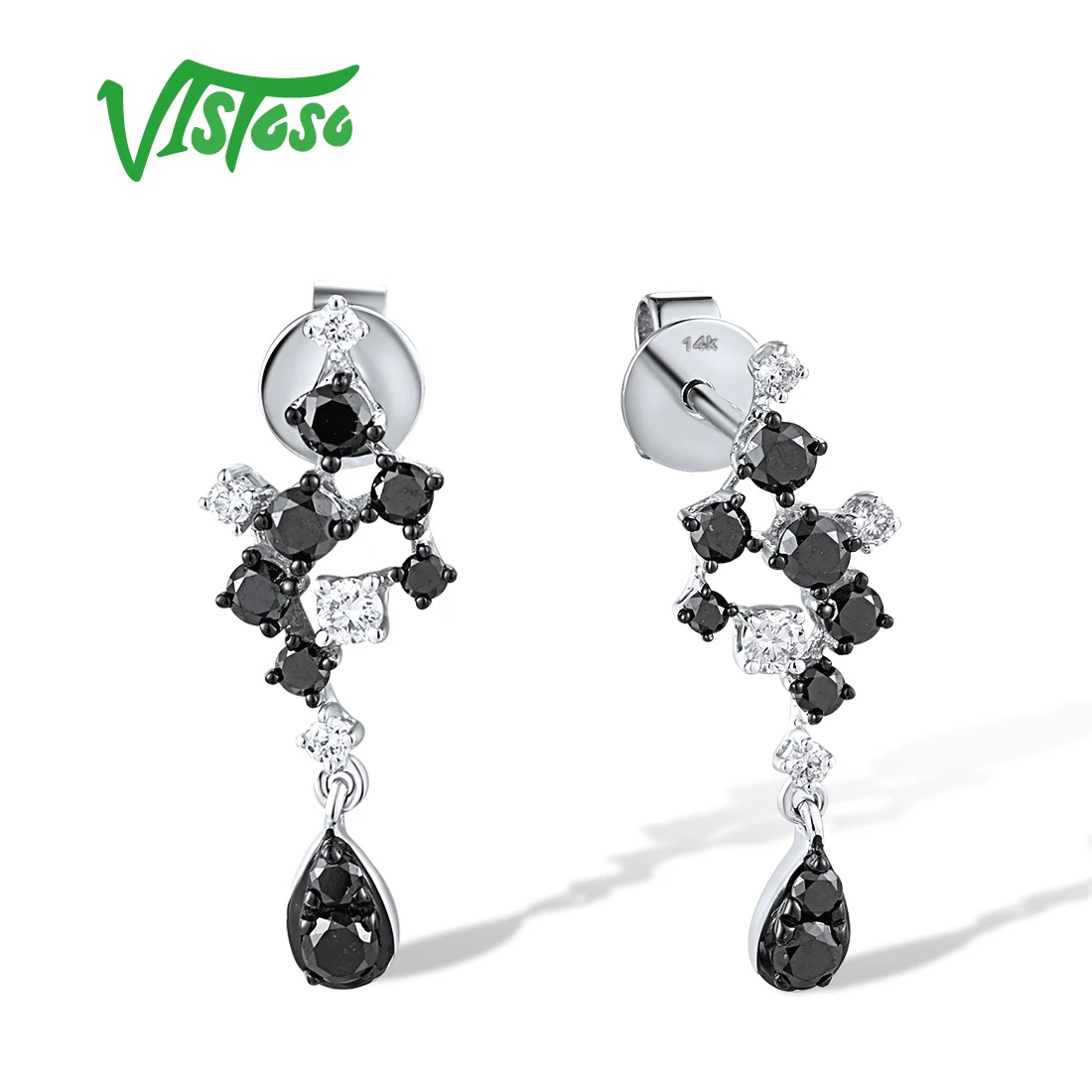 VISTOSO Pure 14K 585 White Gold Stud Earrings For Women Sparkling Diamonds Blue Sapphire Dangling Chic Fine Jewelry