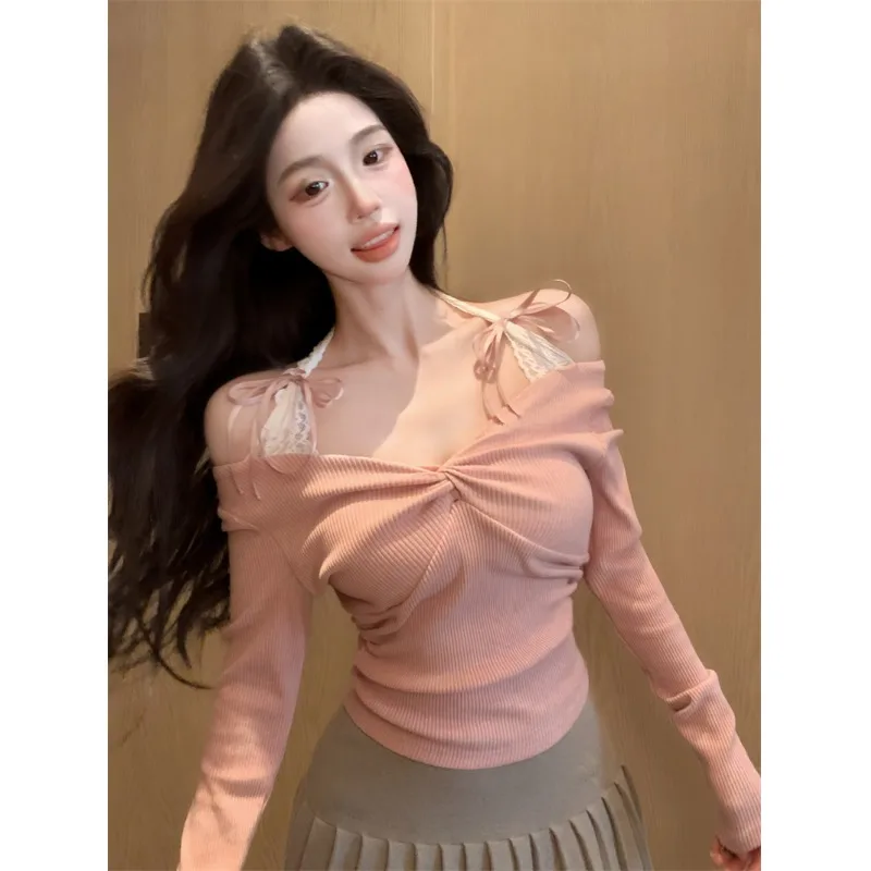 

Сексуальный кружевной топ с плечами Bared Long Sve T irt Slim Fit Inner Wear Base Top для женщин French Sle Pure Color Cotton Blend