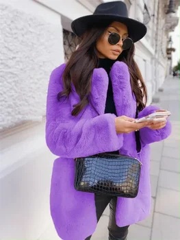 Image Women Purple Long Sleeve Lapel Winter Coat 2024 New Fashion Temperament Office LadyWhite Fur Jackets Clothing Red