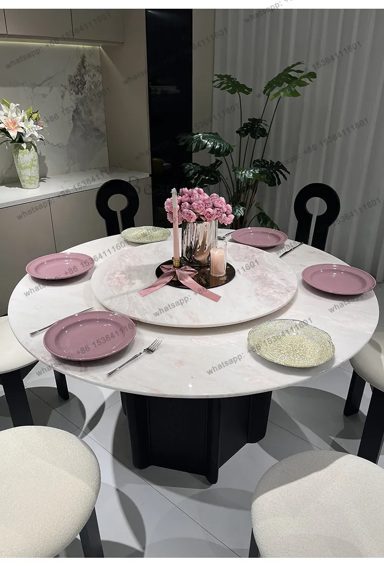 Pink luxury stone round table with turntable French antique modern simple household solid wood dining table small apartment