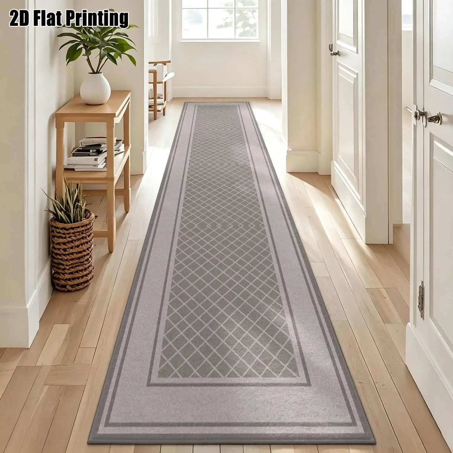 1Pc 2D Printed Gray Grid Geometric Strip Runner Rug, Nordic/Instagram/Modern Minimalist Style, Machine Washable, Multi-Size, Ideal for Entryway, Living Room, Bedroom, Kitchen Home Decor