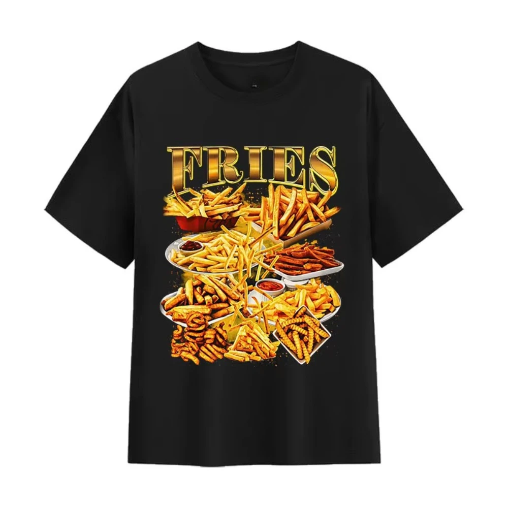 Camiseta con estampado gráfico de patatas fritas, salsa de tomate y comida, para hombre y mujer, vintage, oversize, de algodón, de alta calidad, con cuello redondo