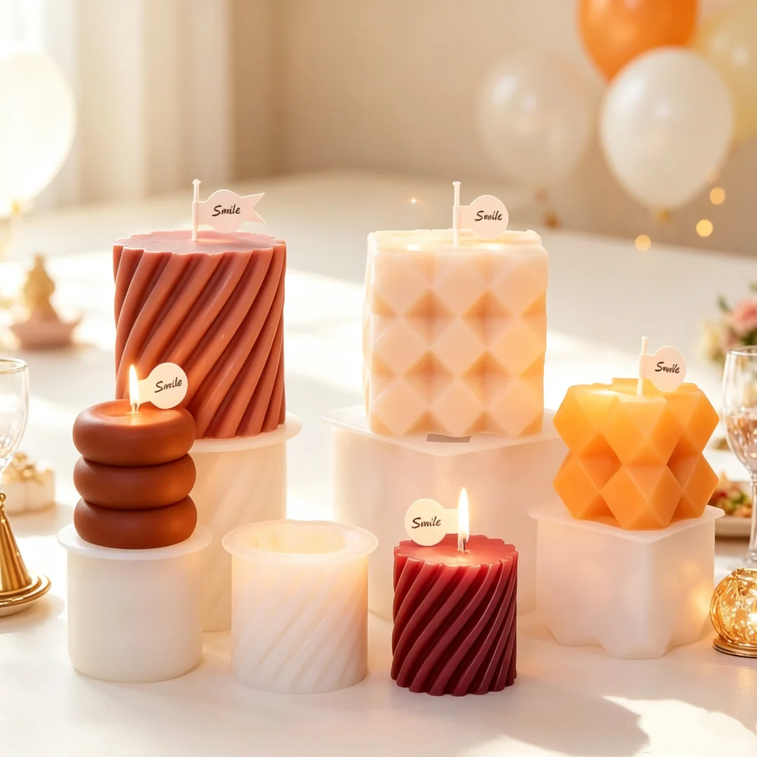 3D Geometric Pillar Silicone Candle Mold Swisted Swirl Rhombus Stacked Round Texture Mould Cube Resin Home Decor DIY Candle Tool