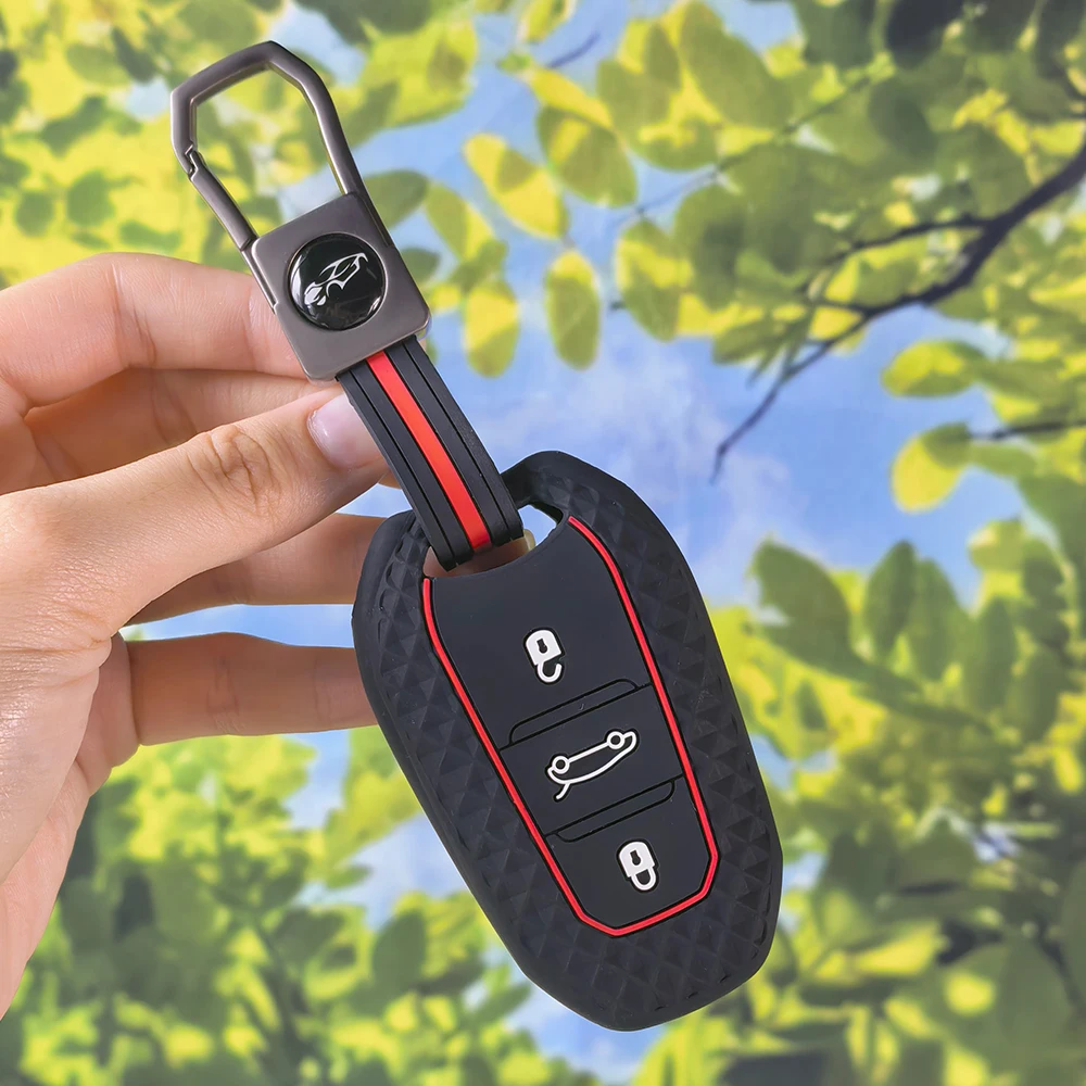 Rhombus Texture Key Cover With Keychain For Peugeot 308 408 508 2008 3008 4008 5008 Citroen C4 C5 C6 C3-XR Remote Fob