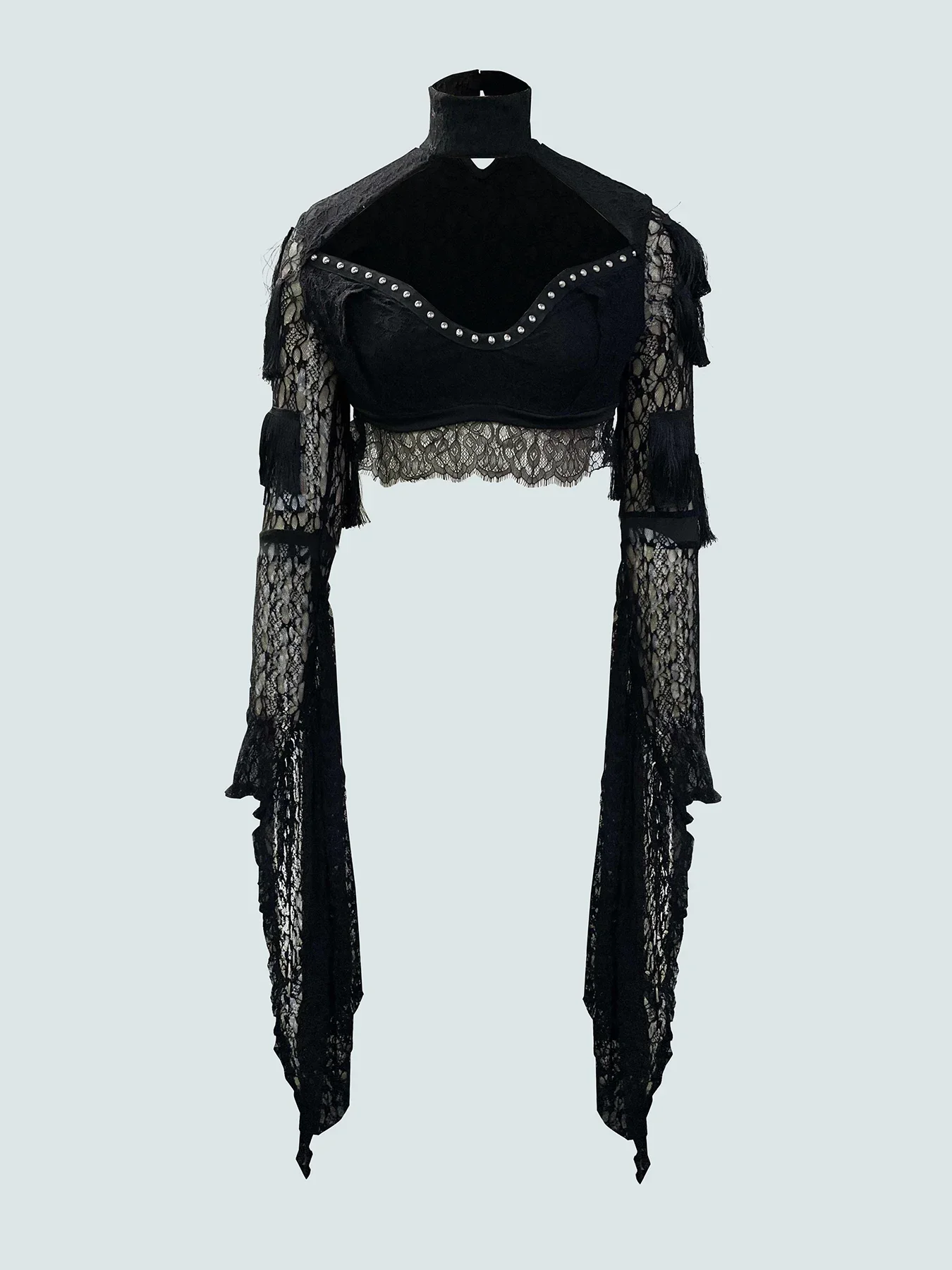 Fashion Women Gothic Tops Shirts Dark Lace Trumpet Sleeves Harajuku Street Sexy Slim Suspenders Black Gauze Blouse Club Party