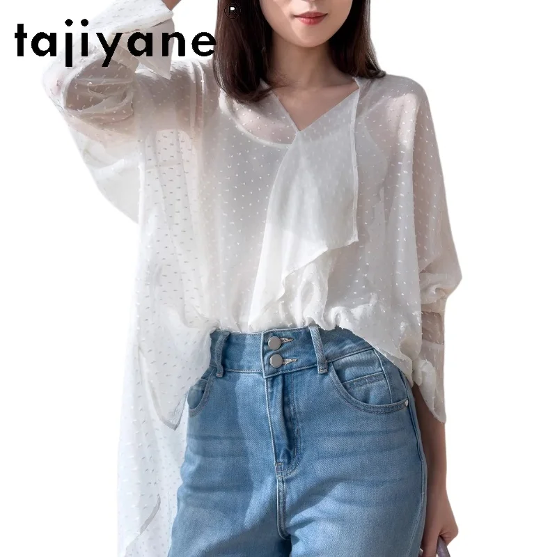 

TAJIYANE 100% Real Mulberry Silk White Blouse Loose V-neck Blouses Real Silk Jacquard Spring Tops for Woman Clothes 2026 Рубашка