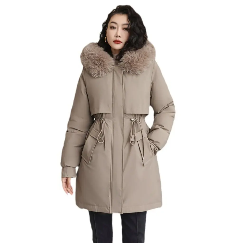 

Winter Parka Cotton Jacket for Women Casual Mid-Length Korean Style Warm Loose Coat with Large Fur Collar