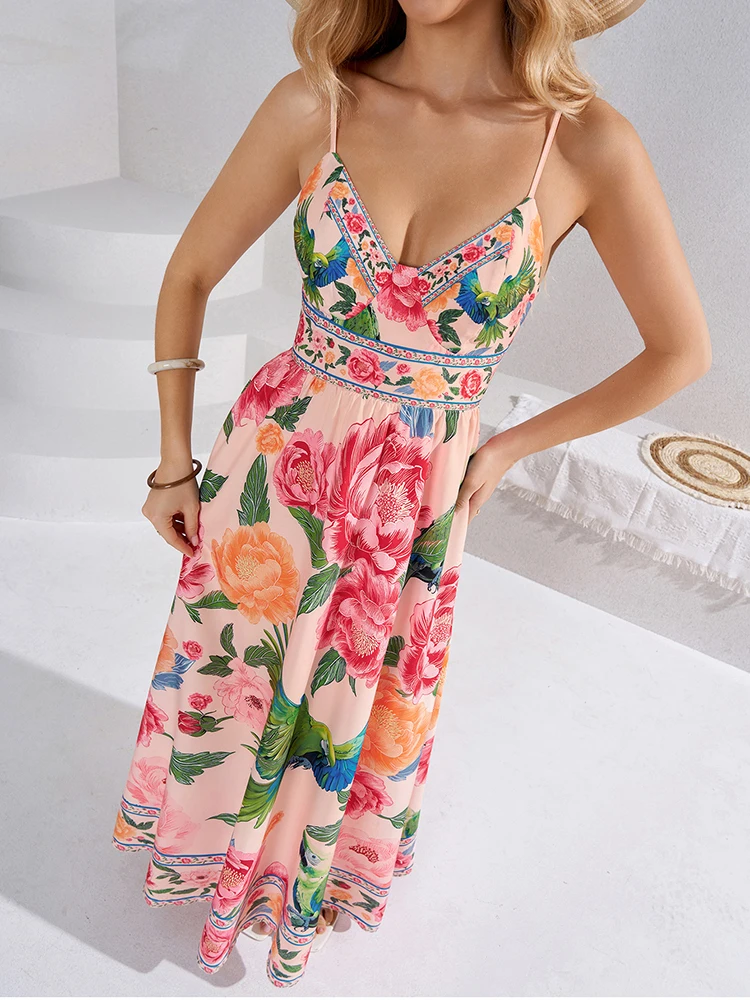 NewAsia Boho Floral Parrot Print Maxi Dress for Women Spaghetti Strap V Neck Backless Bow Long Dress Summer Casual Party Dresses - view 6