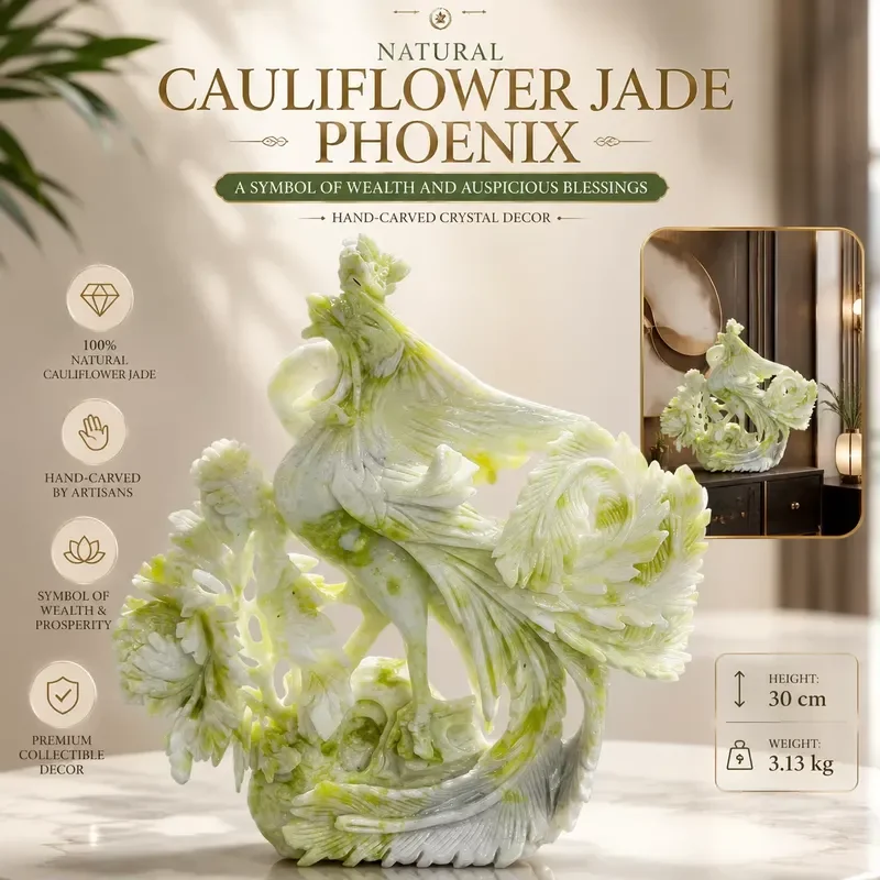 Natural Jade Cauliflower Carving Phoenix Ornament Auspicious Crystal Statue Home Decor Gift Symbolizing Happiness Good Luck