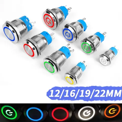 12mm 16mm 19mm 22mm 금속 푸시 버튼 ON/OFF 스위치 – 방수 평면 원형 LED 조명, 3V/6V/12V/24V/110V/220V, IP65