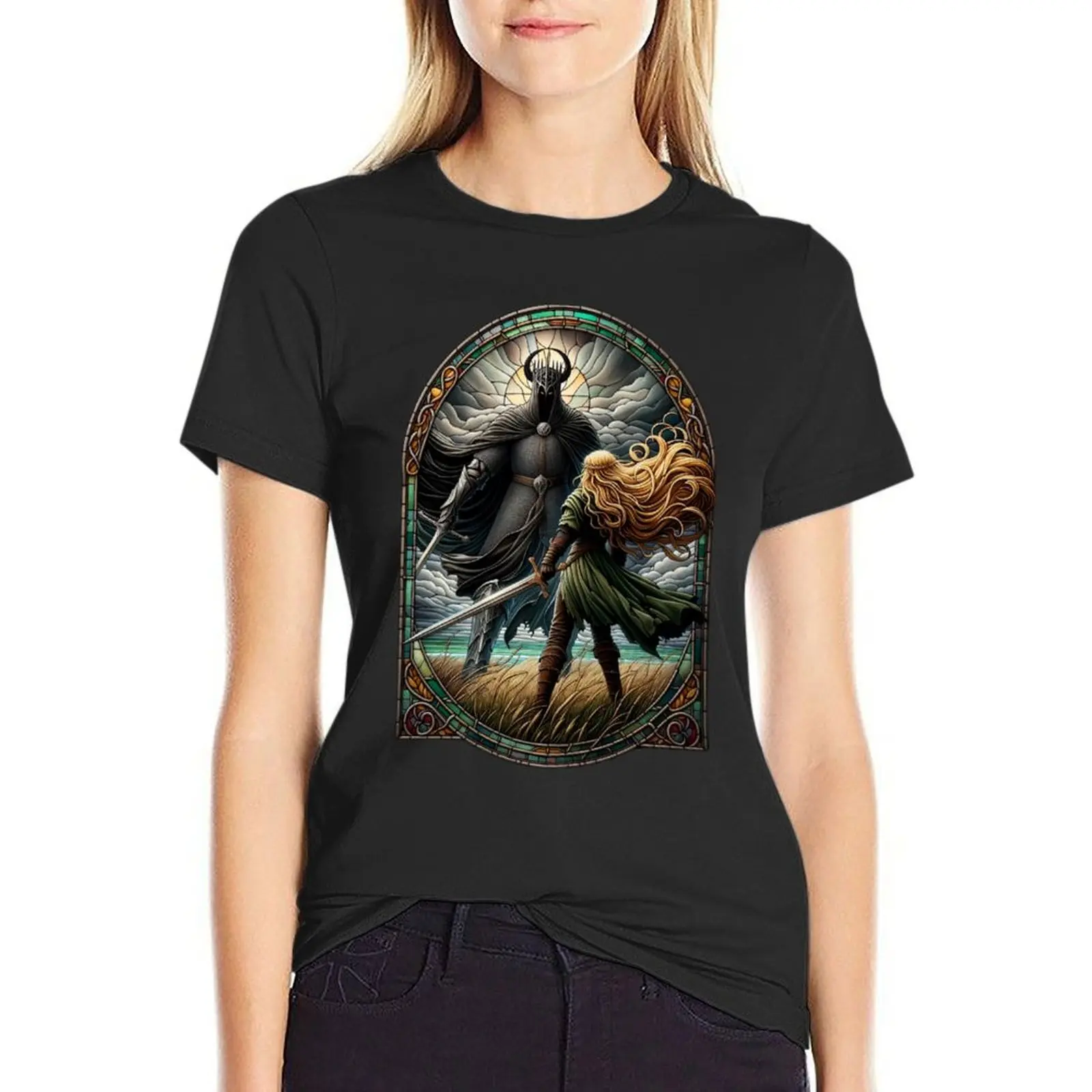 Epic Duel in Stained Glass - A Fierce Maiden and a Dark Wraith - Fantasy T-Shirt