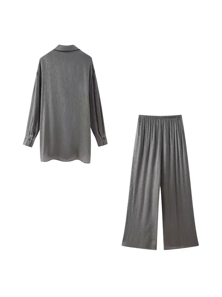 GELITAYIN Women Fashion With Tied Textured Kimono Jacket And High Elastic Waist Straight Pants Female Two Piece Sets Mujer