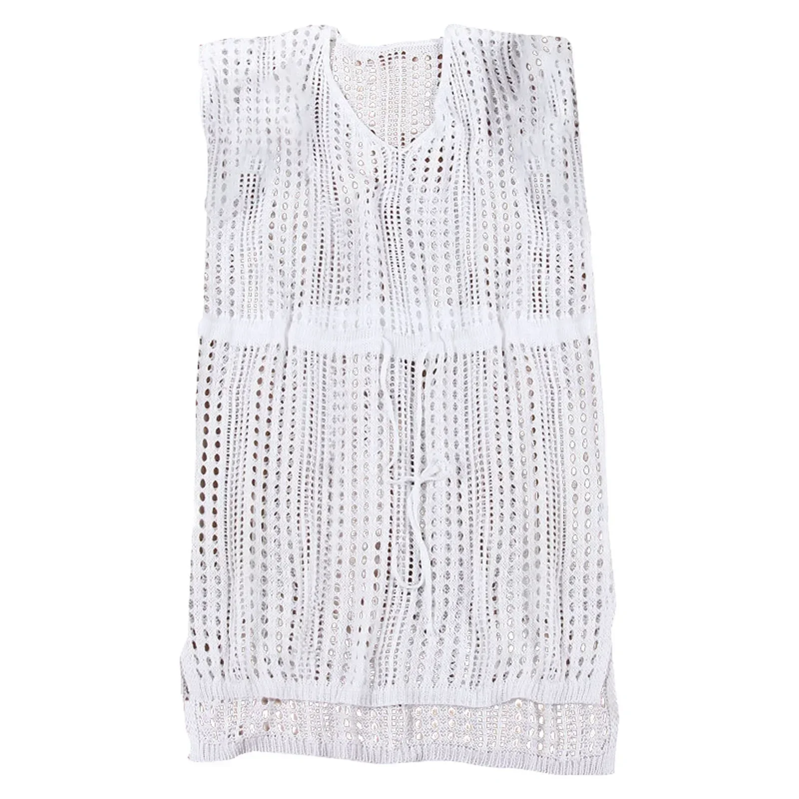 2024 여름 크로셰 튜닉 비치웨어 드로스트링 레이스업 메쉬 니트 반팔 스플릿 헴 휴가 드레스 풀오버 비키니