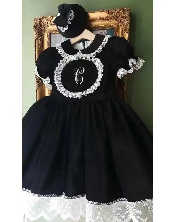 0-12Y Baby Girl Autumn Winter Black Velvet Letter Embroidery Vintage Spanish Princess Ball Gown Dress for Eid Causal