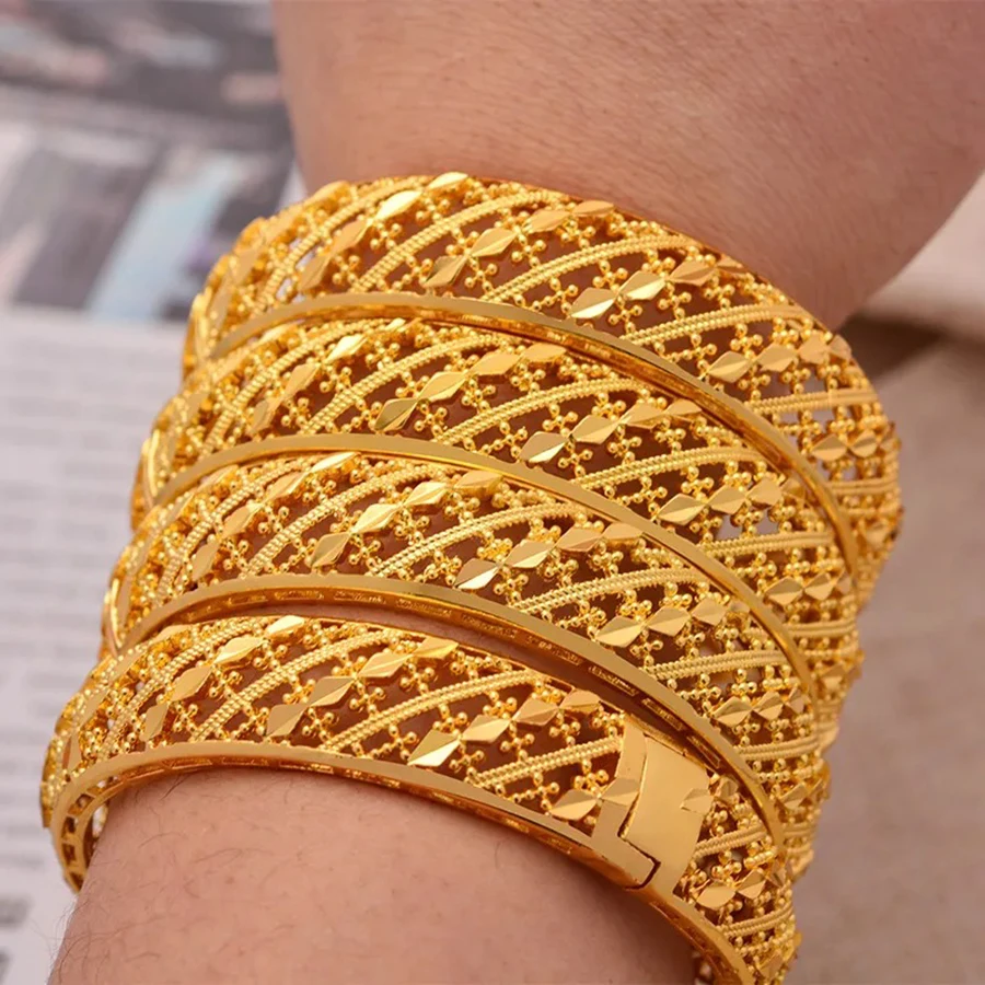 1/4Pcs 24K Gold Plated Dubai Indian Bridal Bangle, Handmade Filigree Diamond Pattern Bracelet, Luxury Gold Tone Wedding Jewelry