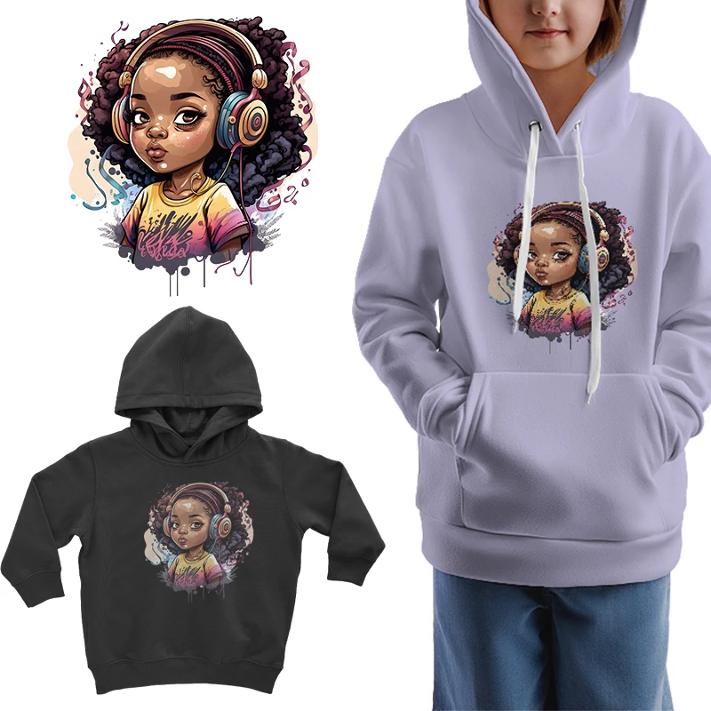 A little girl with headphones plays cool music dtf transfers ready to press Heat Transfer Printing iron on transfer for clothing