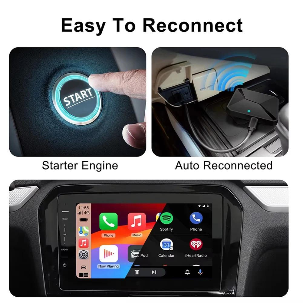 ABXHA 2 في 1 سلكي إلى محول سيارة CarPlay Android اللاسلكي لتوصيل ستيريو السيارة والتشغيل بلوتوث 5.0 AI Box 5.8 جيجا هرتز WiFi