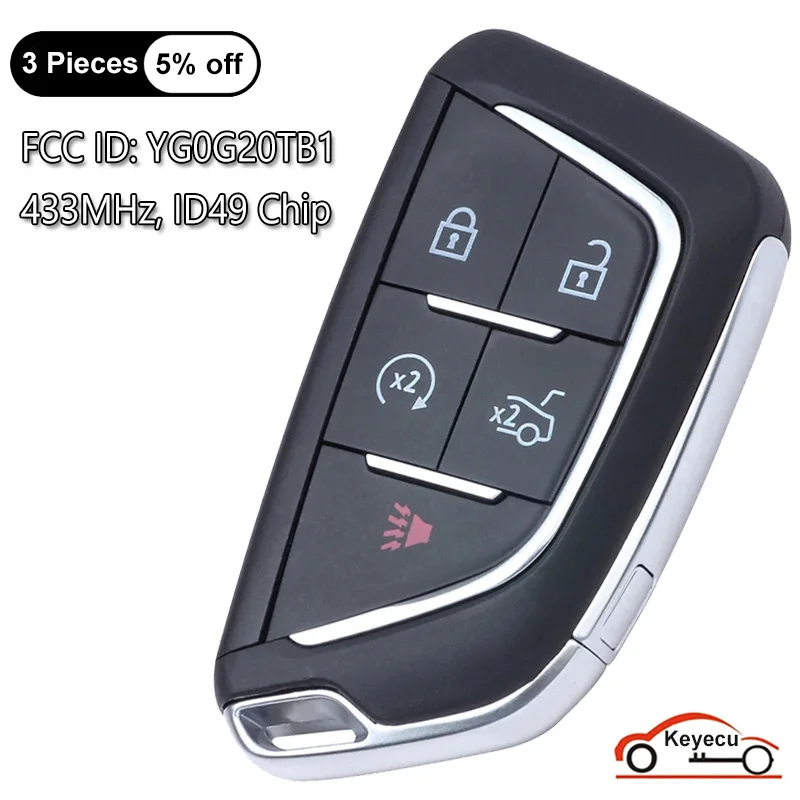 

KEYECU 5 Buttons 433MHz ID49 Chip for Cadillac CT4 CT5 2020 2021 2022 Auto Smart Remote Control Key Fob FCC ID: YG0G20TB1