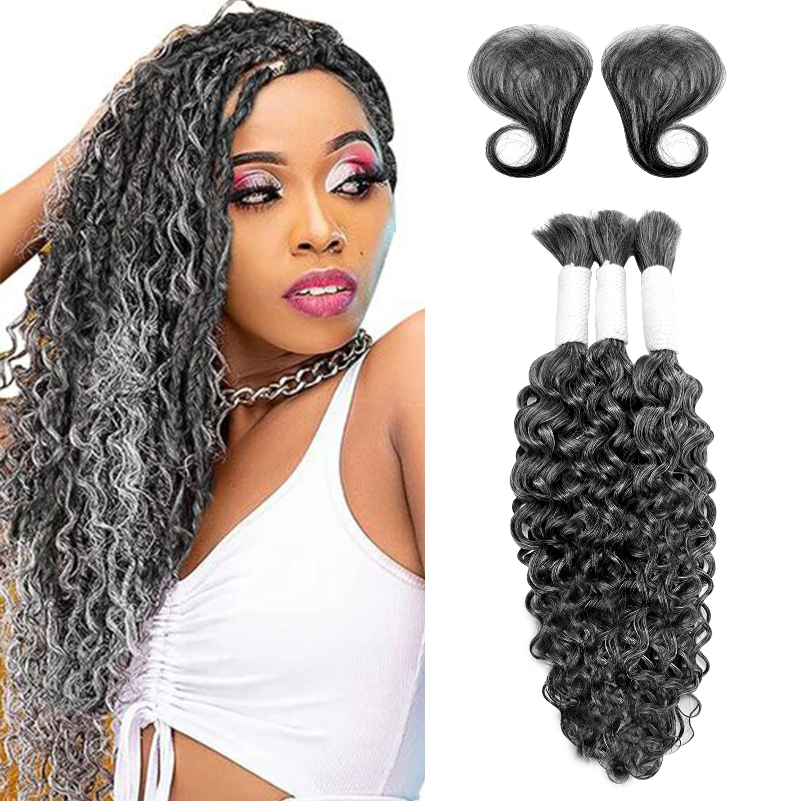 Ombre Grey Curly Human Hair Braiding For Boho Braids 14/16A Deep Wave Double Drawn Bulk Hair Extensions With Baby Hair 3 Bundles