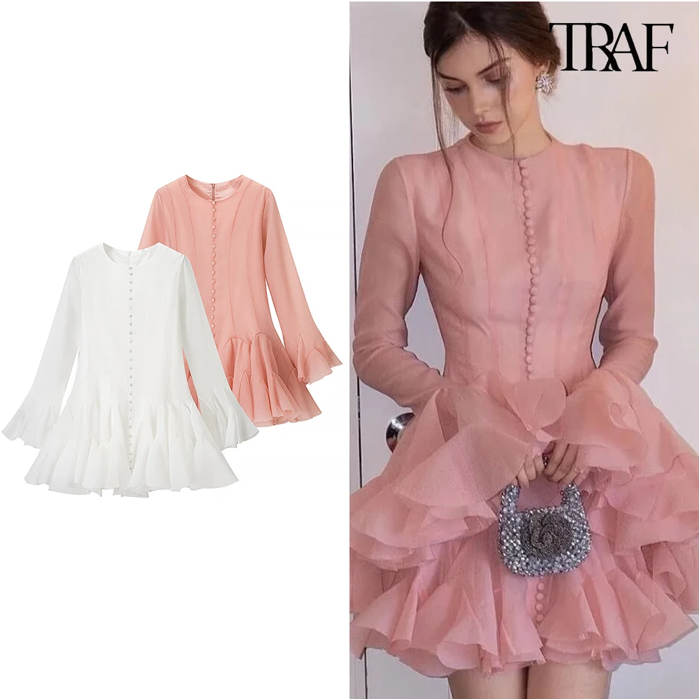 

TRAF women's new long-sleeved Slim waist dress round neck ruffled mini dress temperament elegant fashion women's clothing