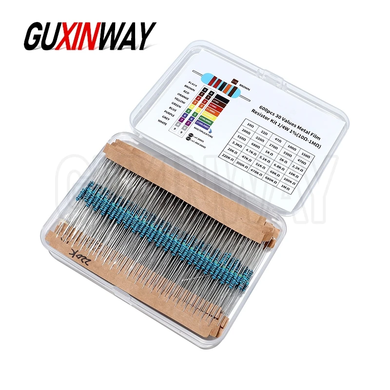 1/4w 0.25W 1% Metal Film Resistor 30 Values Resistance Kit 10R-1M Resistors Set with Box