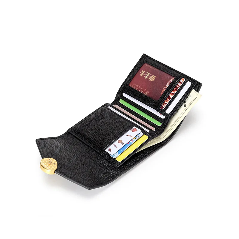 Coin purse 100% Genuine Cow Leather Tri-fold Wallet Ladies Elegant Irregular Metal Button Short Purse For Women card holder
