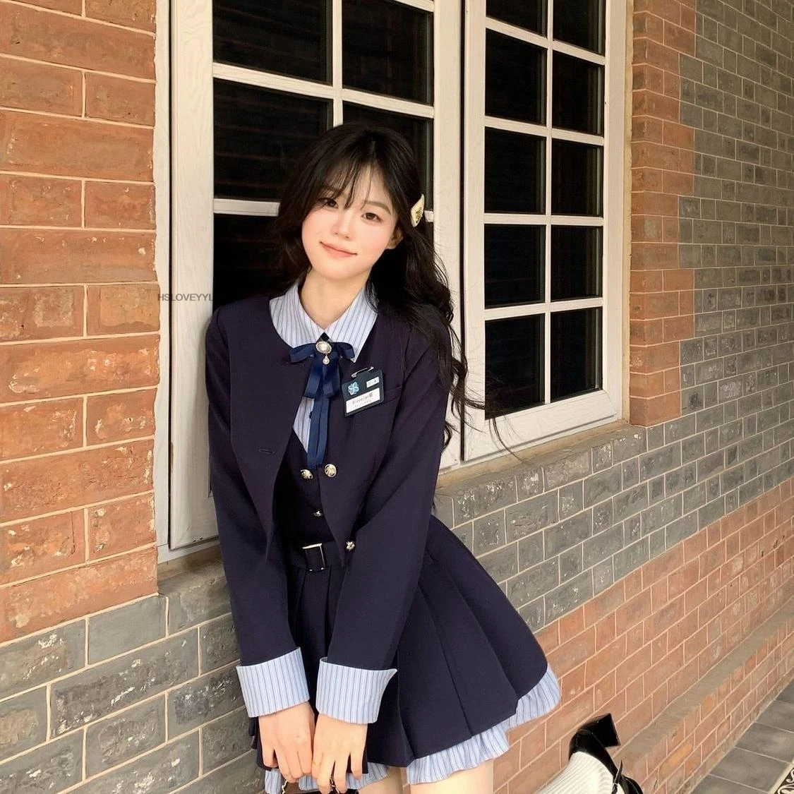 Japanese Style Sweet Jk Uniform Mock two-piece Pleated Dress With Blazer Preppy Style Set For Spring Korea Style Jk Uniform