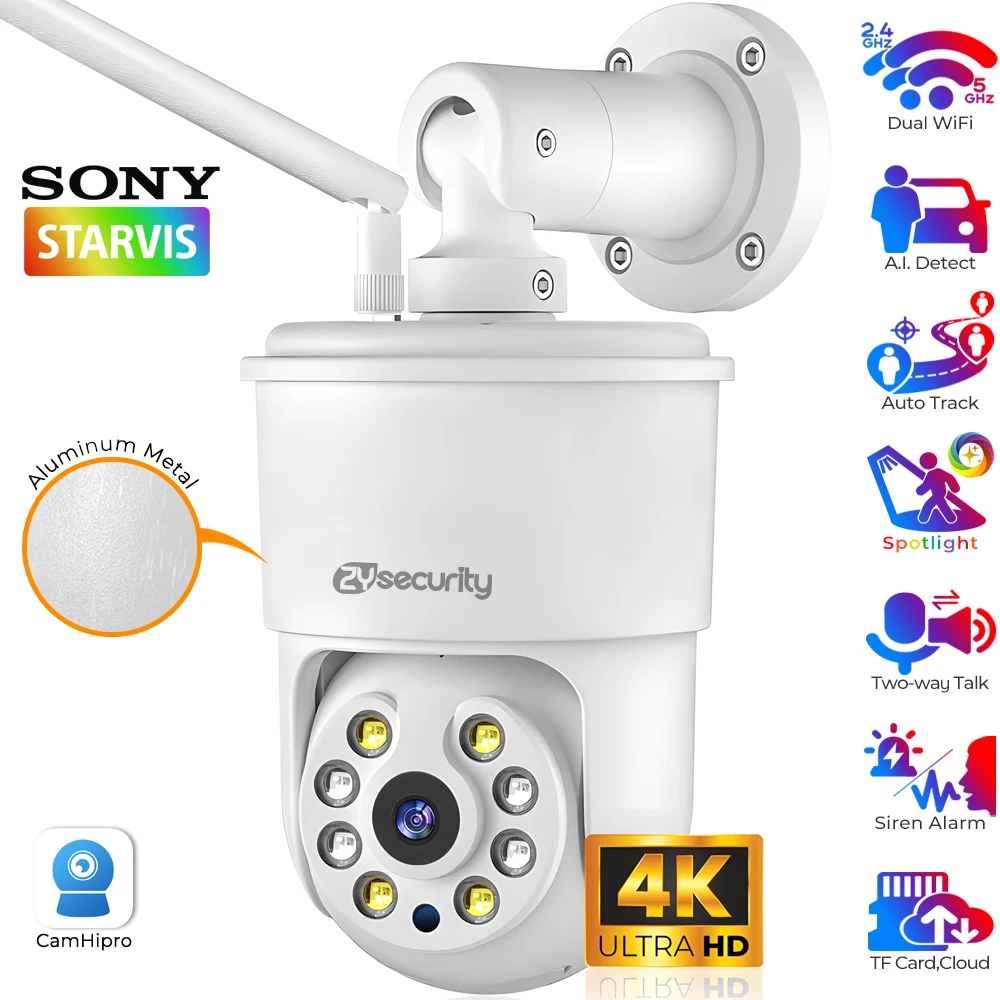 Cámara de seguridad 4K para exteriores 8 MP Detección de vehículos, animales y personas con IA Seguimiento automático Domo Cámara PTZ Color Visión nocturna SD de 256 GB/Nube/FTP/NAS Cámaras de vigilancia