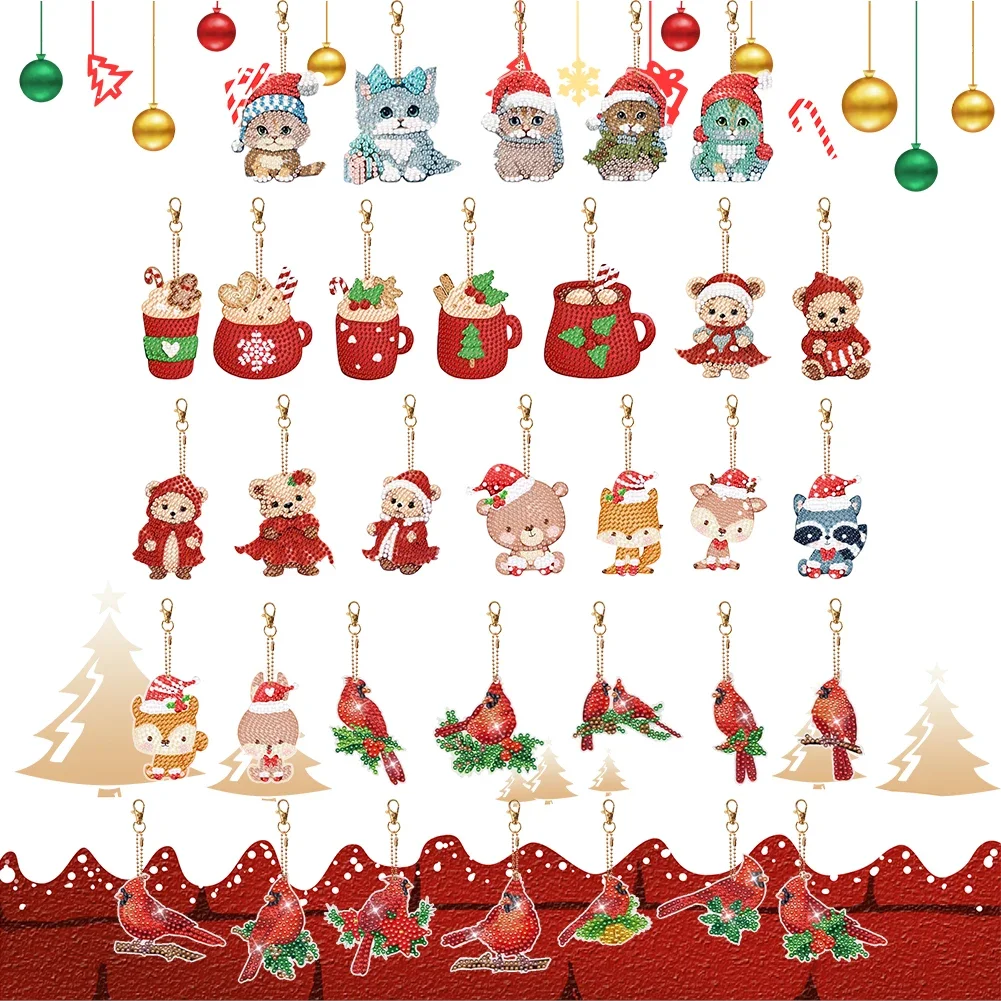 5PCS Double Sided Special Shape Diamond Art Keyring Christmas Cat Ice Cream Cup for Beginners Birthday Crafting Home Party Decor