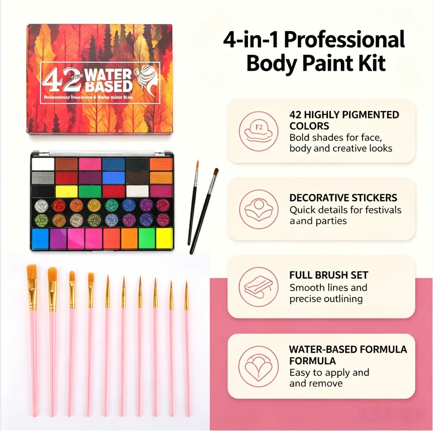 42 Color Face And Body Paint Kit Safe Washable Water Activated Set for Kids & Adults Professional for Festival Stage Halloween