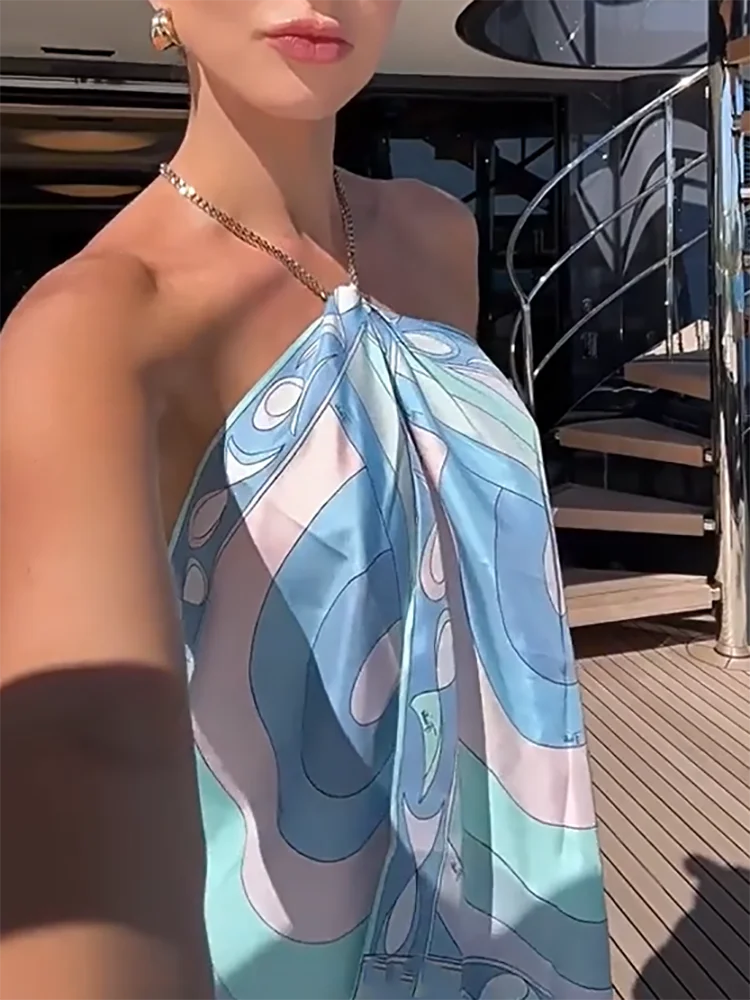 

Satin Print Slim Fit Women's Top Blouses New 2025 Vacation Hollow Sleeveless Bohemian Shirt Chain Halter Pleated Club T-shirts