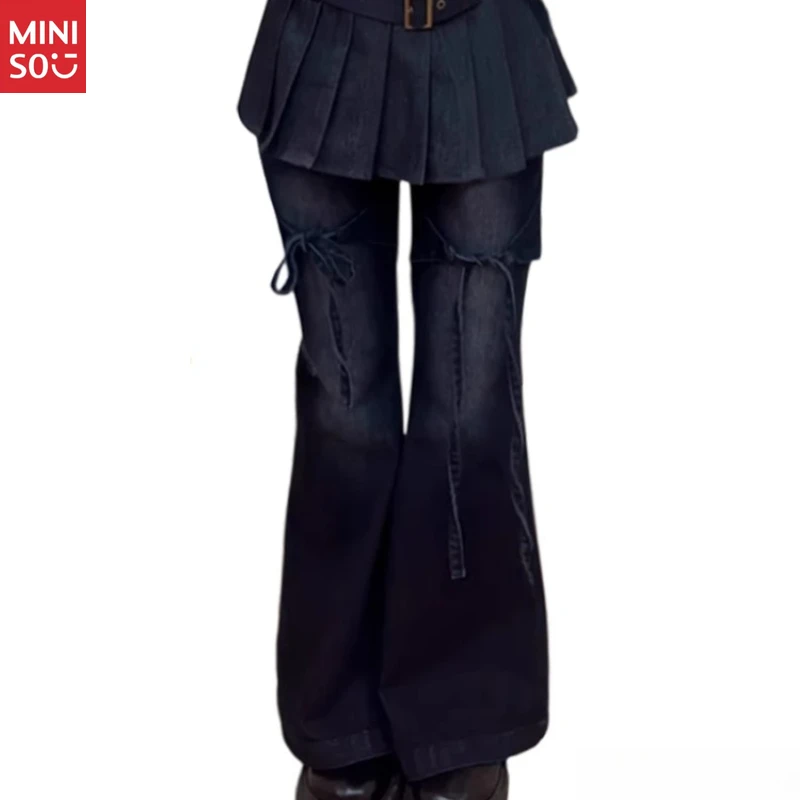

Miniso Plus Size Pleated Skort, 2025 Bow Fake Two-piece, Vintage Flare Jeans
