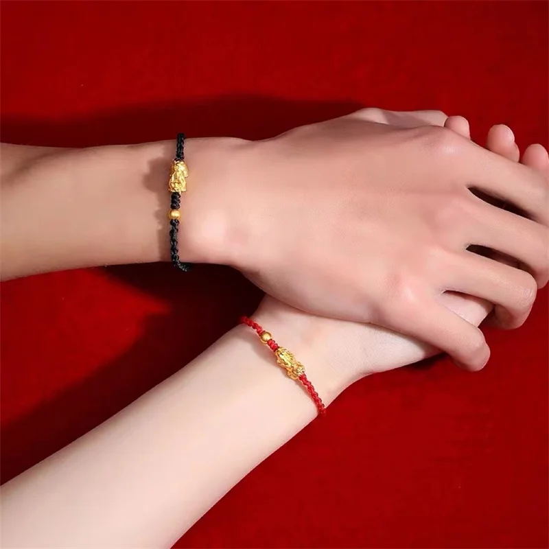 14K Gold‑Plated Stainless Steel Lucky Pixiu Charm Bracelet, Hand‑Woven Red Black Rope Bracelet, Couple Amulet Jewelry Wholesale