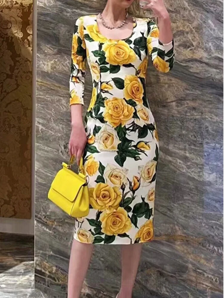 

Fashion spring new yellow rose print round neck long sleeve long skirt elegant temperament slim straight dress.