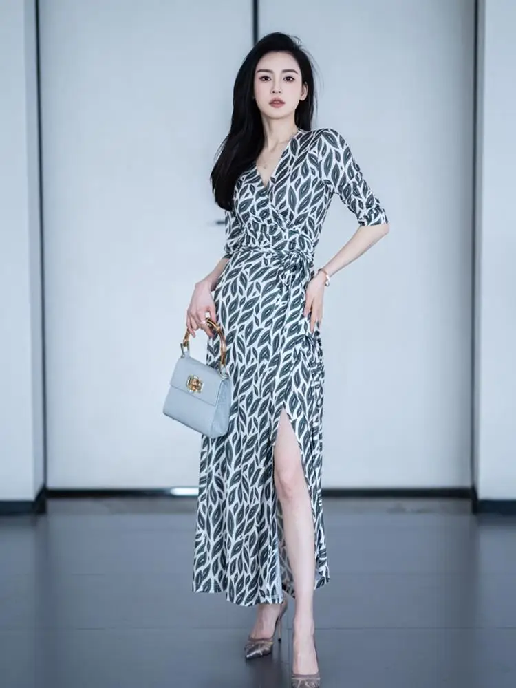 

Slimming Wrap Dr High Waist een Foliage One-Piece Long Dr Belted Korean Sle Commute V-Ne A-Line Summer Dr