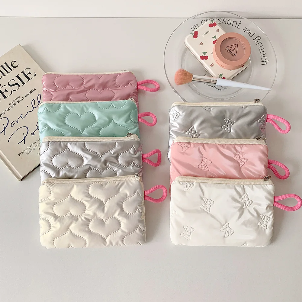 Ins Bow Silver Glossy Cosmetic Bag Small Portable Bag Headphone Data Cable Storage Bag Coin Purse