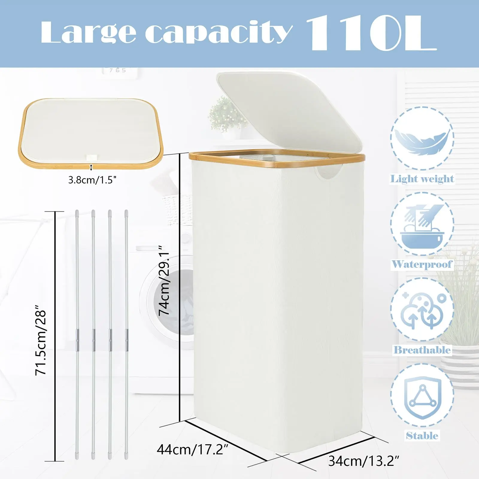 Extra Large Waterproof Laundry Basket with Lid 110L Foldable Laundry Box with Bamboo Handle and Removable Laundry Bag Collector