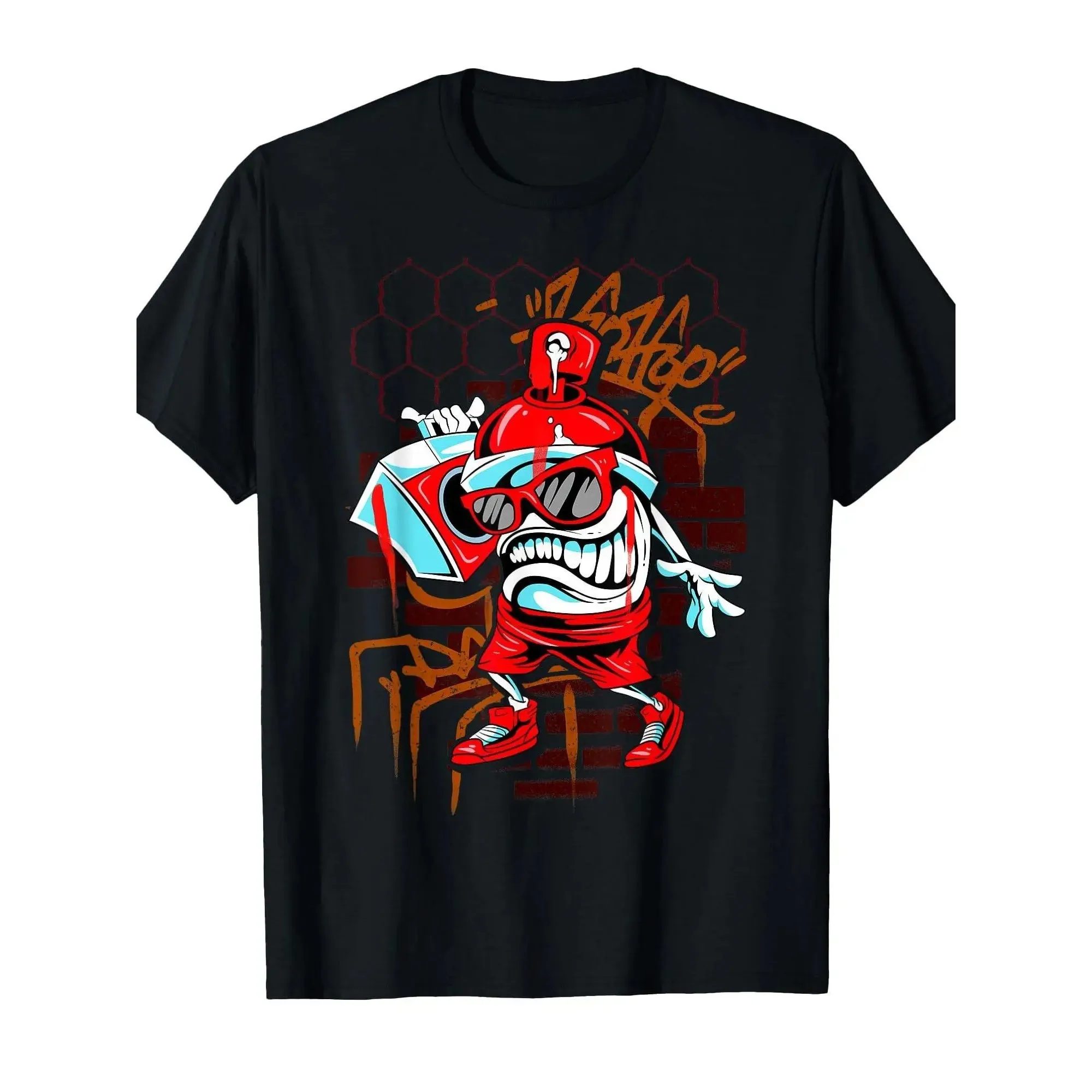 Hip Hop Graffiti Spray Paint Graphic Tee Men Round Neck Short Sleeve Urban Streetwear Cotton T-Shirt