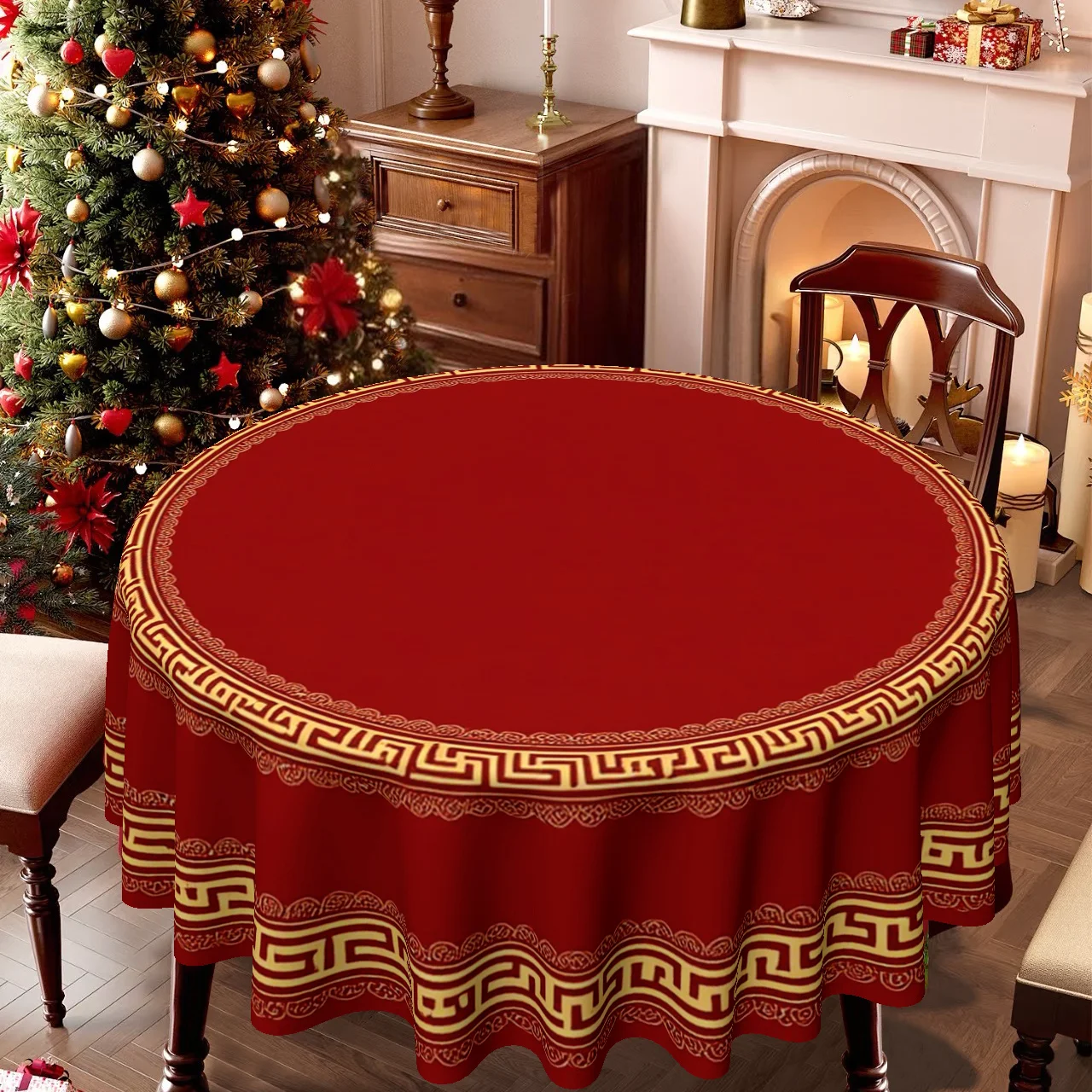 1 tablecloth, Christmas and Easter theme, festive red round tablecloth, decorated with elegant gold round pattern,