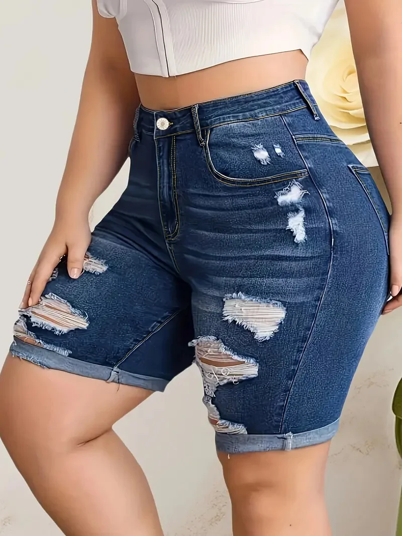 

ZMTUO Women's Plus size Denim Shorts High waisted Rolled Hem Distressed Street Y2K style Trendy Summer Fashion Edgy casual jeans
