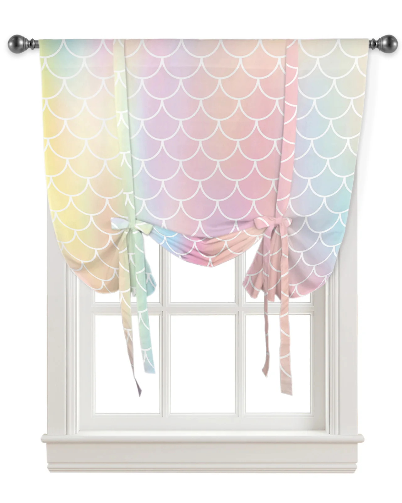 Mermaid Scales Rainbow Colors Window Curtain for Living Room Roman Curtains for Kitchen Cafe Tie Up Short Drapes